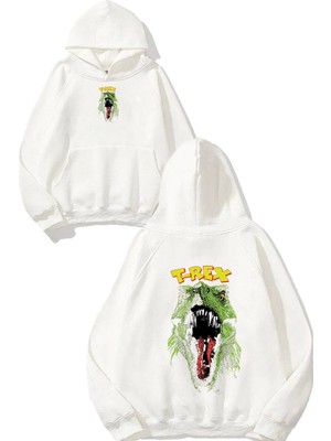 Urbvn Trex Face Tasarım Baskılı Oversize Beyaz Kapüşonlu Sweatshirt