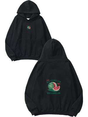 Urbvn Juicy Watermelon Tasarım Baskılı Oversize Siyah Kapüşonlu Sweatshirt
