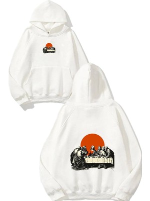 Urbvn Jesus Tasarım Baskılı Oversize Beyaz Kapüşonlu Sweatshirt