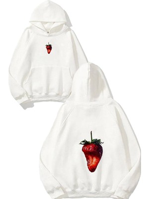 Urbvn Bite Strawberry Tasarım Baskılı Oversize Beyaz Kapüşonlu Sweatshirt