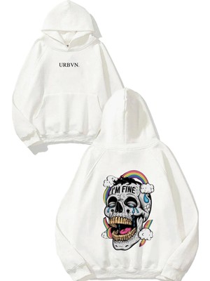 Urbvn Im Fine Tasarım Baskılı Oversize Beyaz Kapüşonlu Sweatshirt