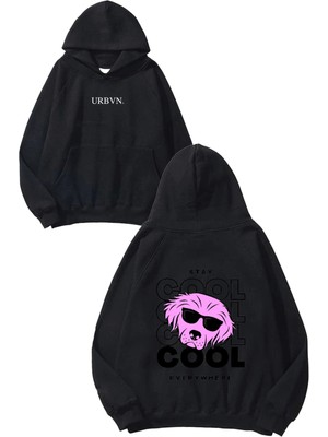 Urbvn Cool Dog Tasarım Baskılı Oversize Siyah Kapüşonlu Sweatshirt