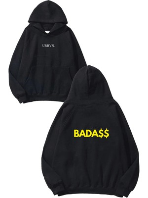 Urbvn Badass Tasarım Baskılı Oversize Siyah Kapüşonlu Sweatshirt