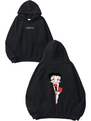 Urbvn Hello Betty Tasarım Baskılı Oversize Siyah Kapüşonlu Sweatshirt
