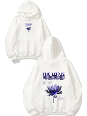 Urbvn The Lotus Tasarım Baskılı Oversize Beyaz Kapüşonlu Sweatshirt