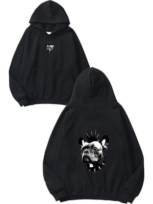 Urbvn Punk French Tasarım Baskılı Oversize Siyah Kapüşonlu Sweatshirt