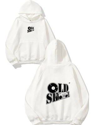 Urbvn Old School Tasarım Baskılı Oversize Beyaz Kapüşonlu Sweatshirt