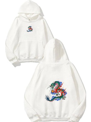 Urbvn Drago 1 Tasarım Baskılı Oversize Beyaz Kapüşonlu Sweatshirt