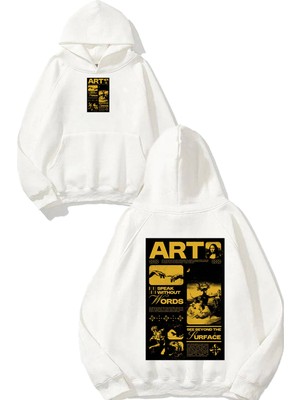 Urbvn Art 2 Tasarım Baskılı Oversize Beyaz Kapüşonlu Sweatshirt