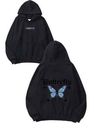 Urbvn Butterfly Life Tasarım Baskılı Oversize Siyah Kapüşonlu Sweatshirt