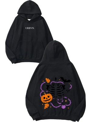 Urbvn Halloween Ghost Tasarım Baskılı Oversize Siyah Kapüşonlu Sweatshirt
