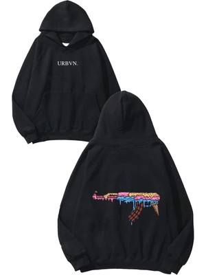 Urbvn Ice Cream Gun Tasarım Baskılı Oversize Siyah Kapüşonlu Sweatshirt
