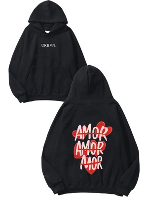 Urbvn Amor Kalp Tasarım Baskılı Oversize Siyah Kapüşonlu Sweatshirt
