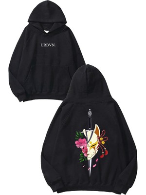 Urbvn Chinese Cat Flower Tasarım Baskılı Oversize Siyah Kapüşonlu Sweatshirt