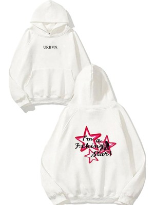 Urbvn Im Star Tasarım Baskılı Oversize Beyaz Kapüşonlu Sweatshirt