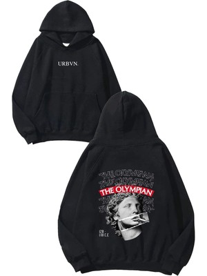 Urbvn The Olympian Tasarım Baskılı Oversize Siyah Kapüşonlu Sweatshirt