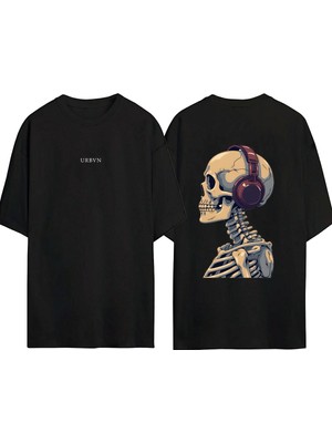 Urbvn Headphone Tasarım Baskılı Siyah Oversize T Shirt