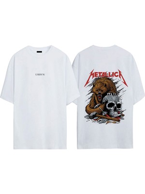 Urbvn Metallica Bear Tasarım Baskılı Beyaz Oversize T-Shirt