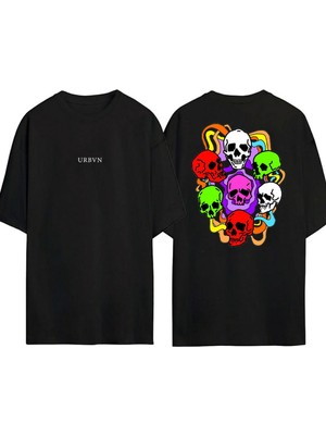 Urbvn Rainbow Skulls Tasarım Baskılı Siyah Oversize T Shirt