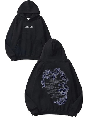 Urbvn Writing Tasarım Baskılı Oversize Siyah Kapüşonlu Sweatshirt