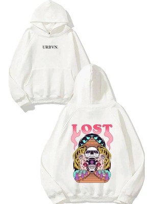 Urbvn Lost Face Tasarım Baskılı Oversize Beyaz Kapüşonlu Sweatshirt