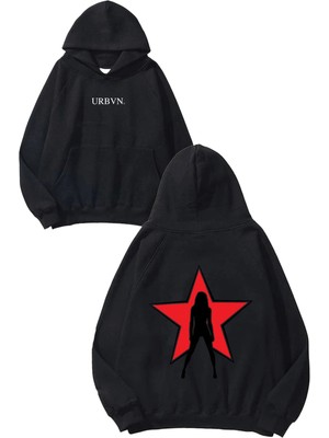 Urbvn Star Girl Tasarım Baskılı Oversize Siyah Kapüşonlu Sweatshirt
