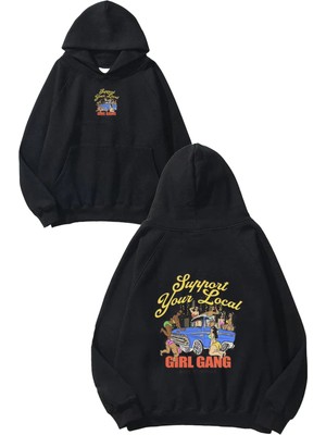 Urbvn Support Girl Gang Tasarım Baskılı Oversize Siyah Kapüşonlu Sweatshirt