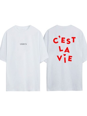 Urbvn Cest La Vie Tasarım Baskılı Beyaz Oversize T-Shirt