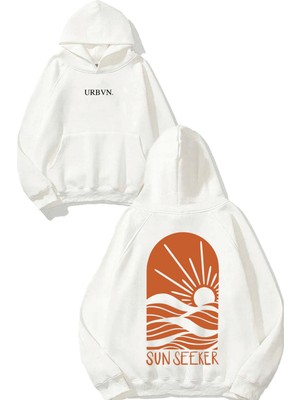 Urbvn Sun Seeker Tasarım Baskılı Oversize Beyaz Kapüşonlu Sweatshirt