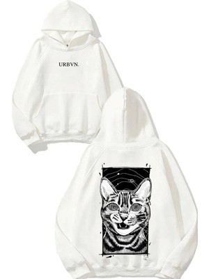 Urbvn Halucination Cat Tasarım Baskılı Oversize Beyaz Kapüşonlu Sweatshirt