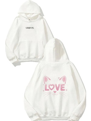 Urbvn Love Cat Tasarım Baskılı Oversize Beyaz Kapüşonlu Sweatshirt