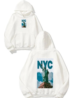 Urbvn Nyc 2 Tasarım Baskılı Oversize Beyaz Kapüşonlu Sweatshirt