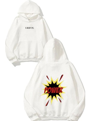 Urbvn Power Bang Tasarım Baskılı Oversize Beyaz Kapüşonlu Sweatshirt