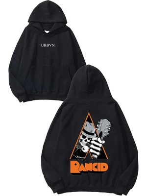 Urbvn Rancid Tasarım Baskılı Oversize Siyah Kapüşonlu Sweatshirt