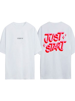 Urbvn Just Start Tasarım Baskılı Beyaz Oversize T-Shirt