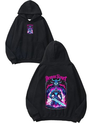 Urbvn Demon Slayer Tasarım Baskılı Oversize Siyah Kapüşonlu Sweatshirt