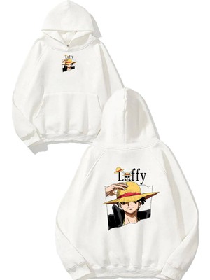 Urbvn Anime Loffy Tasarım Baskılı Oversize Beyaz Kapüşonlu Sweatshirt