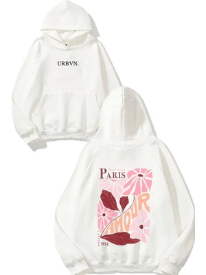 Urbvn Paris Amour Tasarım Baskılı Oversize Beyaz Kapüşonlu Sweatshirt