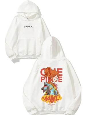 Urbvn One Piece Girl Tasarım Baskılı Oversize Beyaz Kapüşonlu Sweatshirt