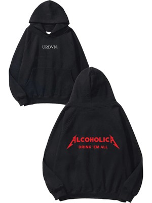 Urbvn Alcoholica Tasarım Baskılı Oversize Siyah Kapüşonlu Sweatshirt
