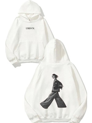 Urbvn Walking Tasarım Baskılı Oversize Beyaz Kapüşonlu Sweatshirt