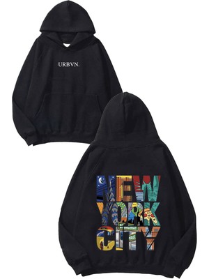 Urbvn Ny City Tasarım Baskılı Oversize Siyah Kapüşonlu Sweatshirt