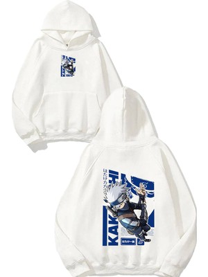 Urbvn Anime Blue Tasarım Baskılı Oversize Beyaz Kapüşonlu Sweatshirt