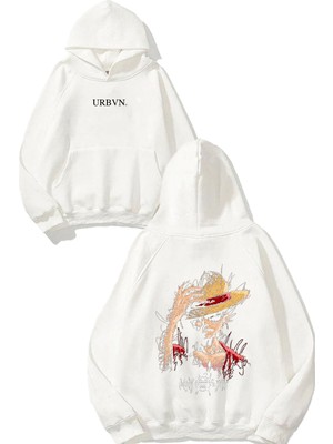 Urbvn Monkey Luffy Hat Tasarım Baskılı Oversize Beyaz Kapüşonlu Sweatshirt