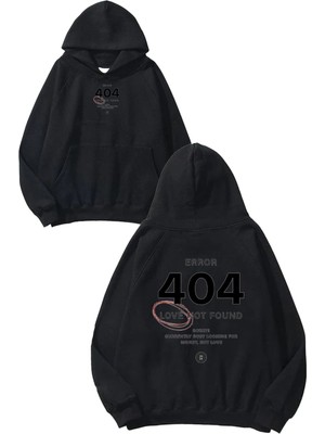 Urbvn 404 Tasarım Baskılı Oversize Siyah Kapüşonlu Sweatshirt