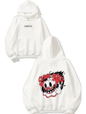 Urbvn Clown World Tasarım Baskılı Oversize Beyaz Kapüşonlu Sweatshirt