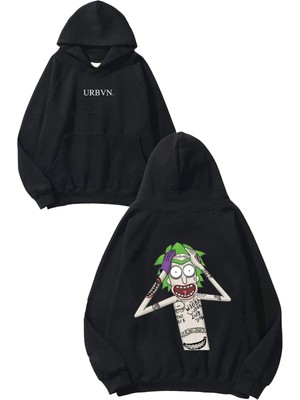 Urbvn Joker Rick Tasarım Baskılı Oversize Siyah Kapüşonlu Sweatshirt