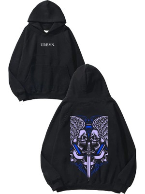 Urbvn Purple Skull Steel Tasarım Baskılı Oversize Siyah Kapüşonlu Sweatshirt