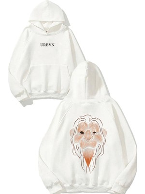 Urbvn Aslan Yüz Tasarım Baskılı Oversize Beyaz Kapüşonlu Sweatshirt