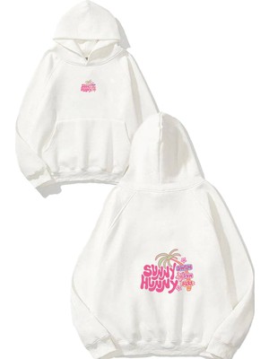Urbvn Sunny Hunny Tasarım Baskılı Oversize Beyaz Kapüşonlu Sweatshirt
